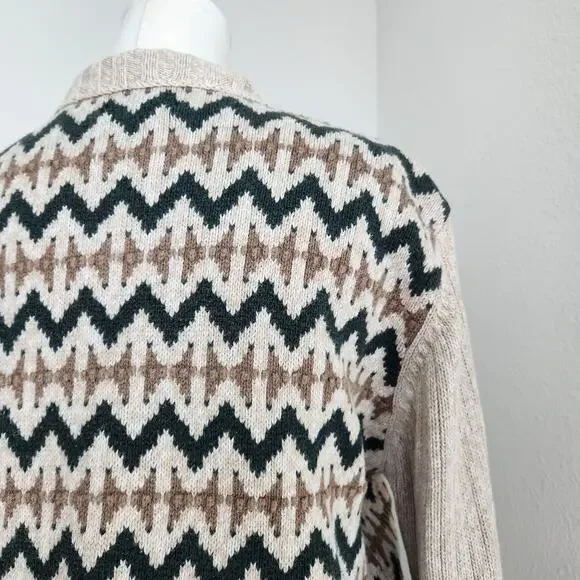 Vintage 90s Christopher & Banks Tan Green Southwestern Knit Quarter Zip Sweater - Picture 9 of 10